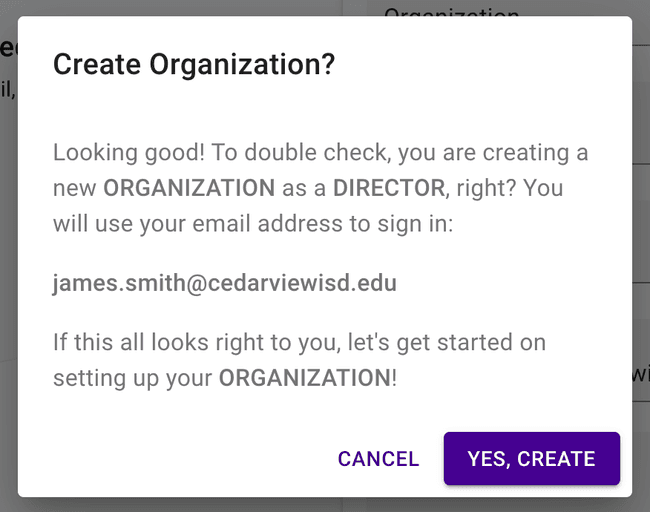 Create Page - Create organization confirmation dialog