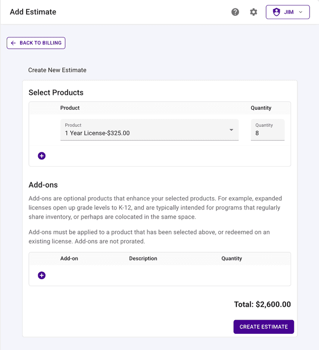 Add the number of licenses needed and create the estimate