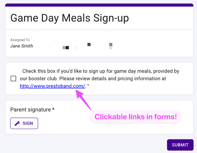 Add a link to a form question, and members can tap straight through to the details while filling it out
