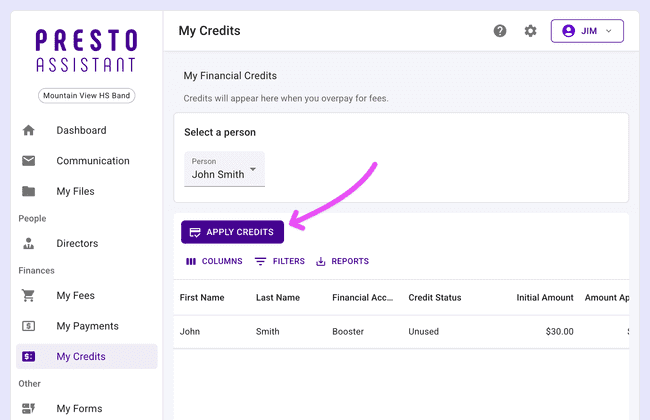 Parents have a new Apply Credits button