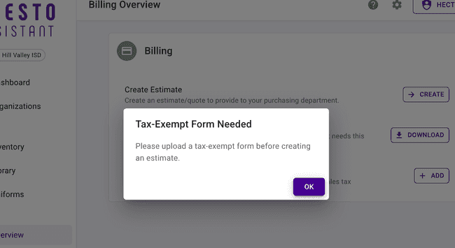 Make sure to add a tax-exempt form before creating an estimate