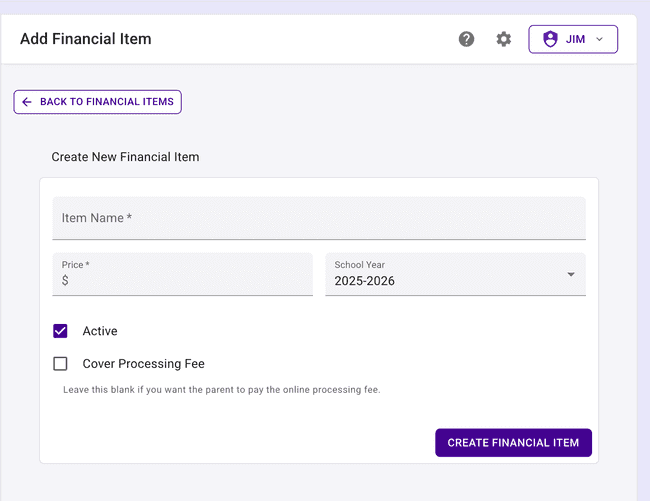 Create a new Admin Financial Item