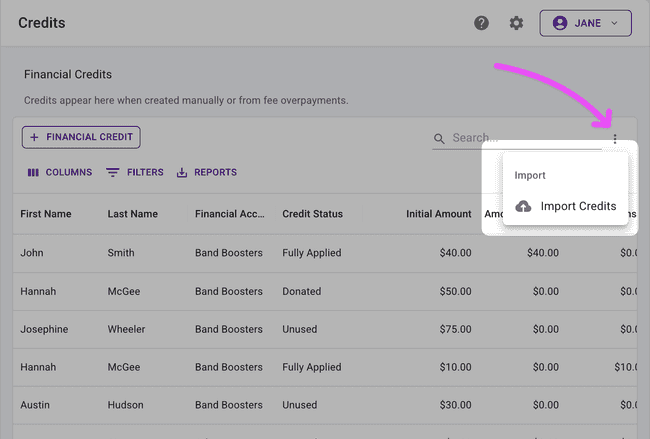 Check the top-right More Actions area to import credits