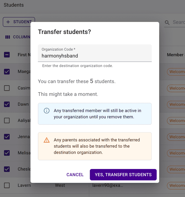 Transfer students to another organization, including inactive members