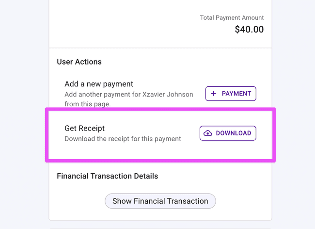 Download a receipt from the payment details page