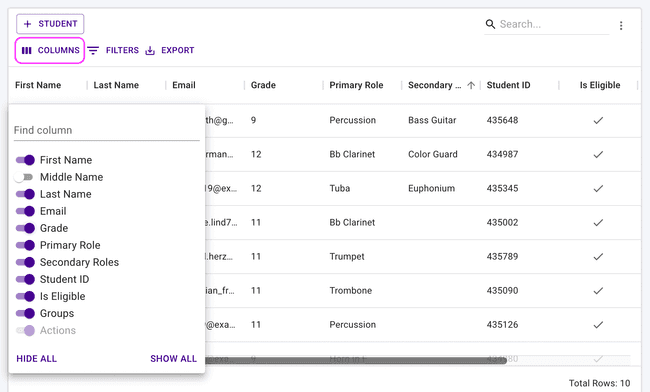 Students table - Show and hide columns
