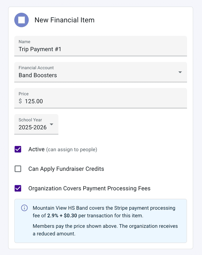 When adding or editing a single item, indicate if the organization covers the fee