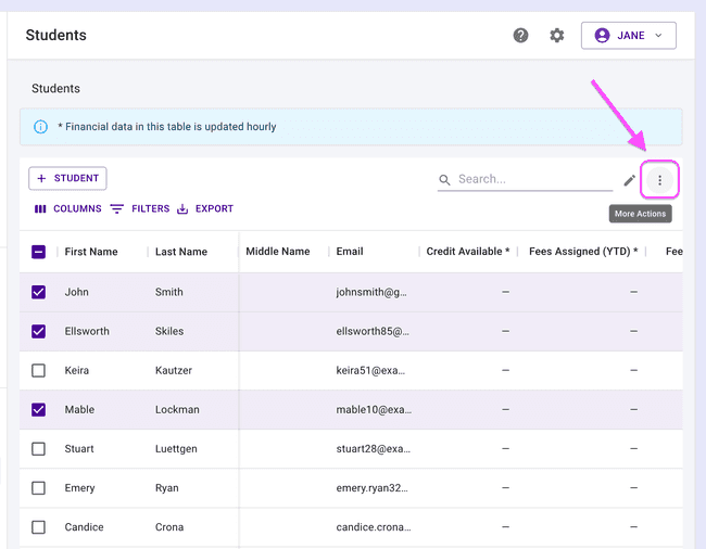 Students Table - Select members and press "More Actions"