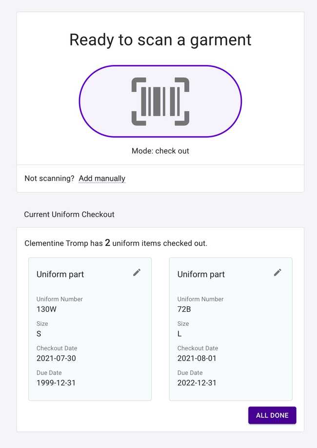 Uniform checkout - Scan barcode page