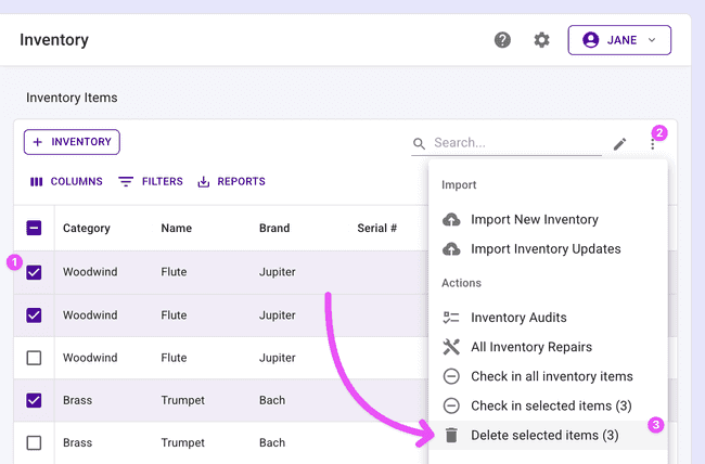 Delete selected inventory items