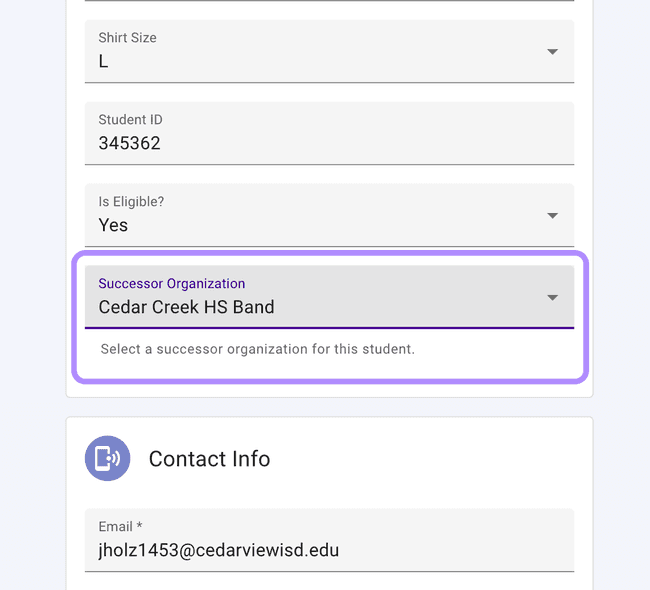 Edit student data - Update successor organization information