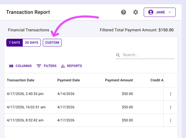 Transaction report has a new Custom button