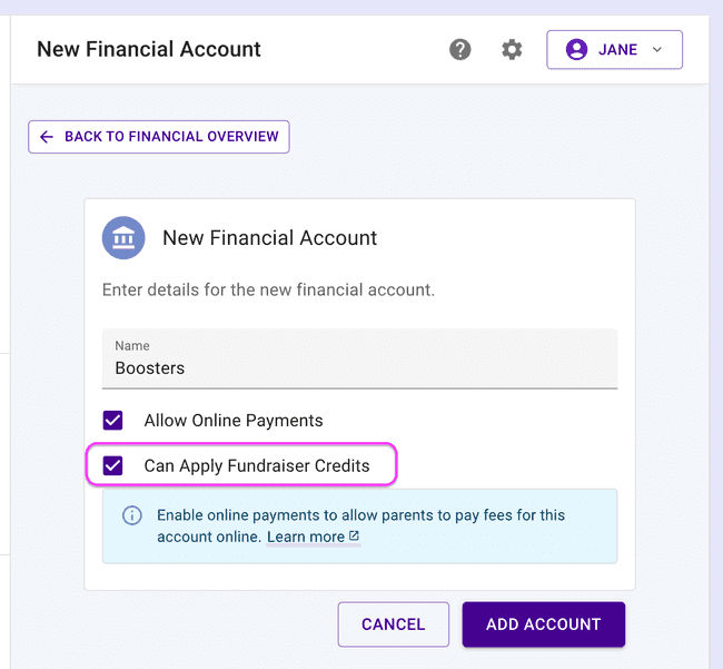 Financial account - Allows fundraiser credits