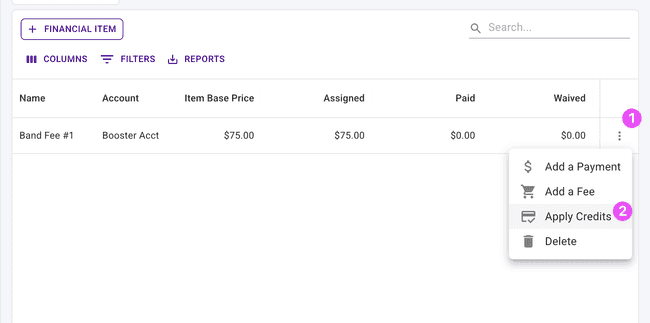 Apply credits directly from the financial item row actions